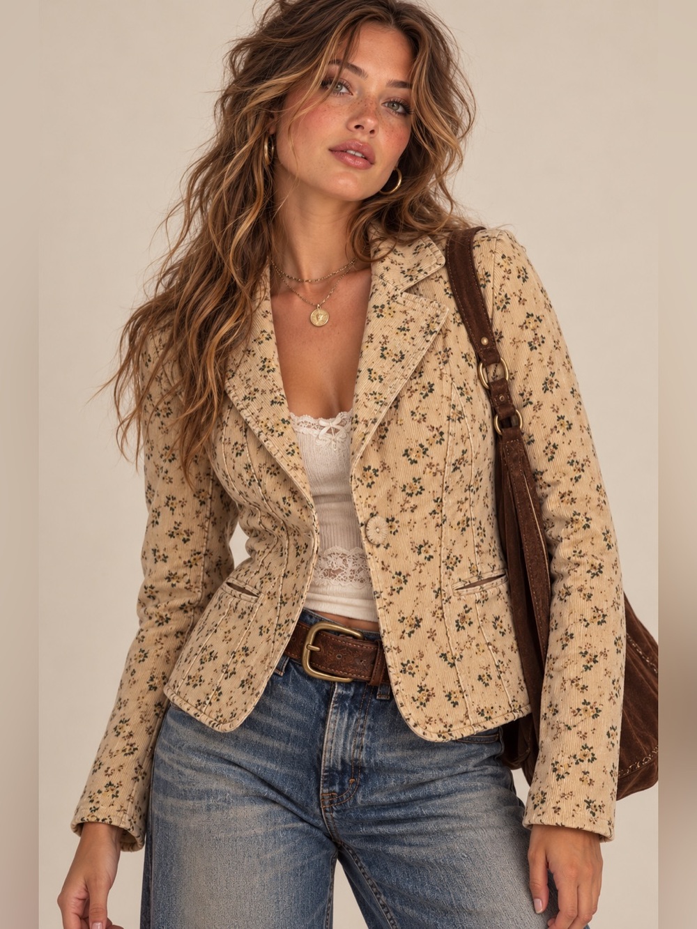 Vintage Y2K Maurices Floral Tan Corduroy Blazer Jacket M Cottagecore 100% Cotton